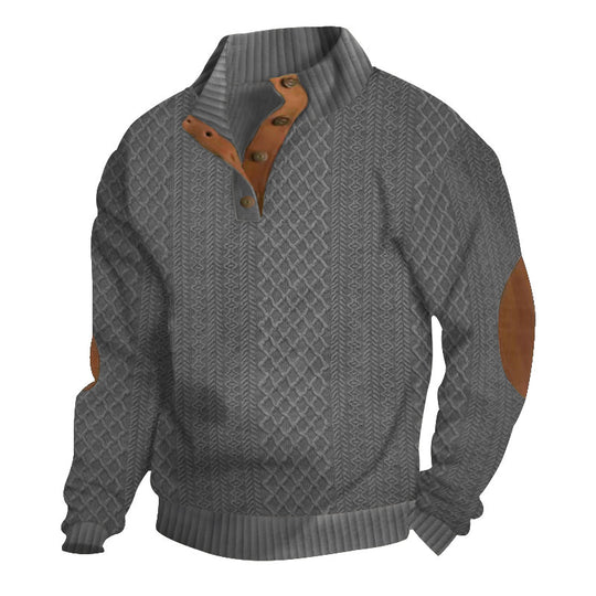 Herren nan grobstrickpullover mit Stehkragen, Knopfleiste und Ellbogenpatches EB