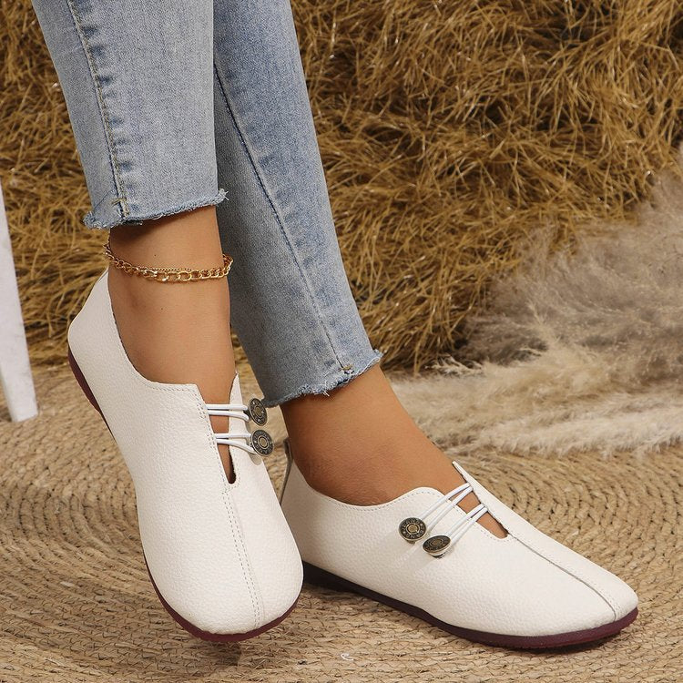 Damen Vintage-inspirierte Lederoptik Ballerinas mit quadratischer Zehenpartie und Zierknöpfen EB