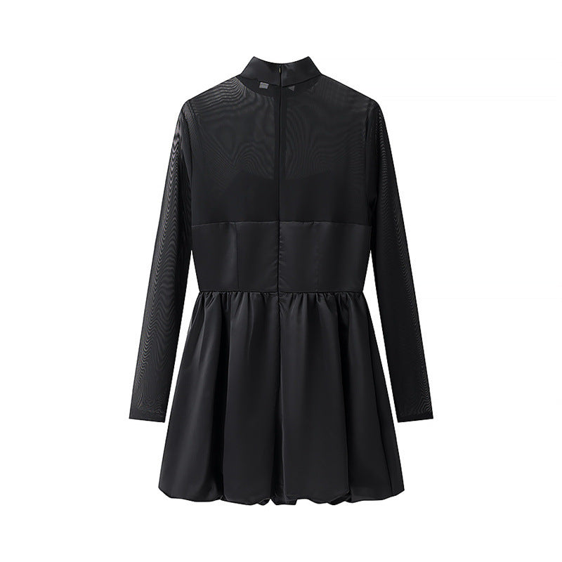 Damen elegantes Minikleid mit transparenten Ärmeln und hohem Kragen EB