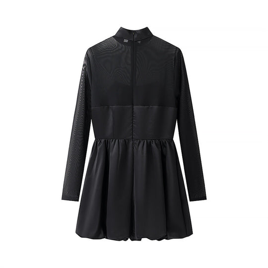 Damen elegantes Minikleid mit transparenten Ärmeln und hohem Kragen EB