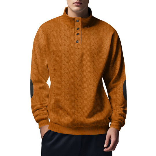 Herren nan strukturiertes Kabelstrick-Henley-Pullover mit Stehkragen und Ellbogenpatches EB