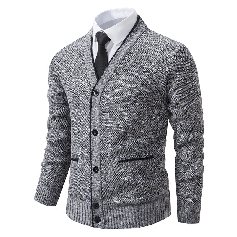 Herren nan melierter Strukturstrick-Cardigan mit V-Ausschnitt, Kontrastkanten und aufgesetzten Taschen EB