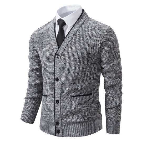 Herren nan melierter Strukturstrick-Cardigan mit V-Ausschnitt, Kontrastkanten und aufgesetzten Taschen EB