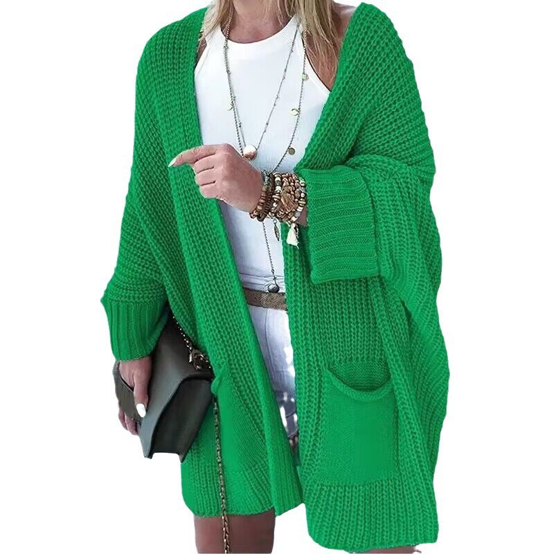 Damen Oversize Grobstrick-Cardigan mit weitem Schalkragen und aufgesetzten Taschen EB
