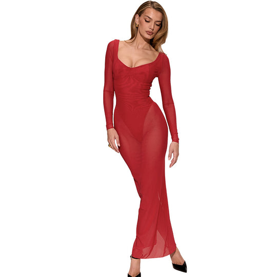 Damen transparentes Maxikleid mit figurformendem Schnitt EB
