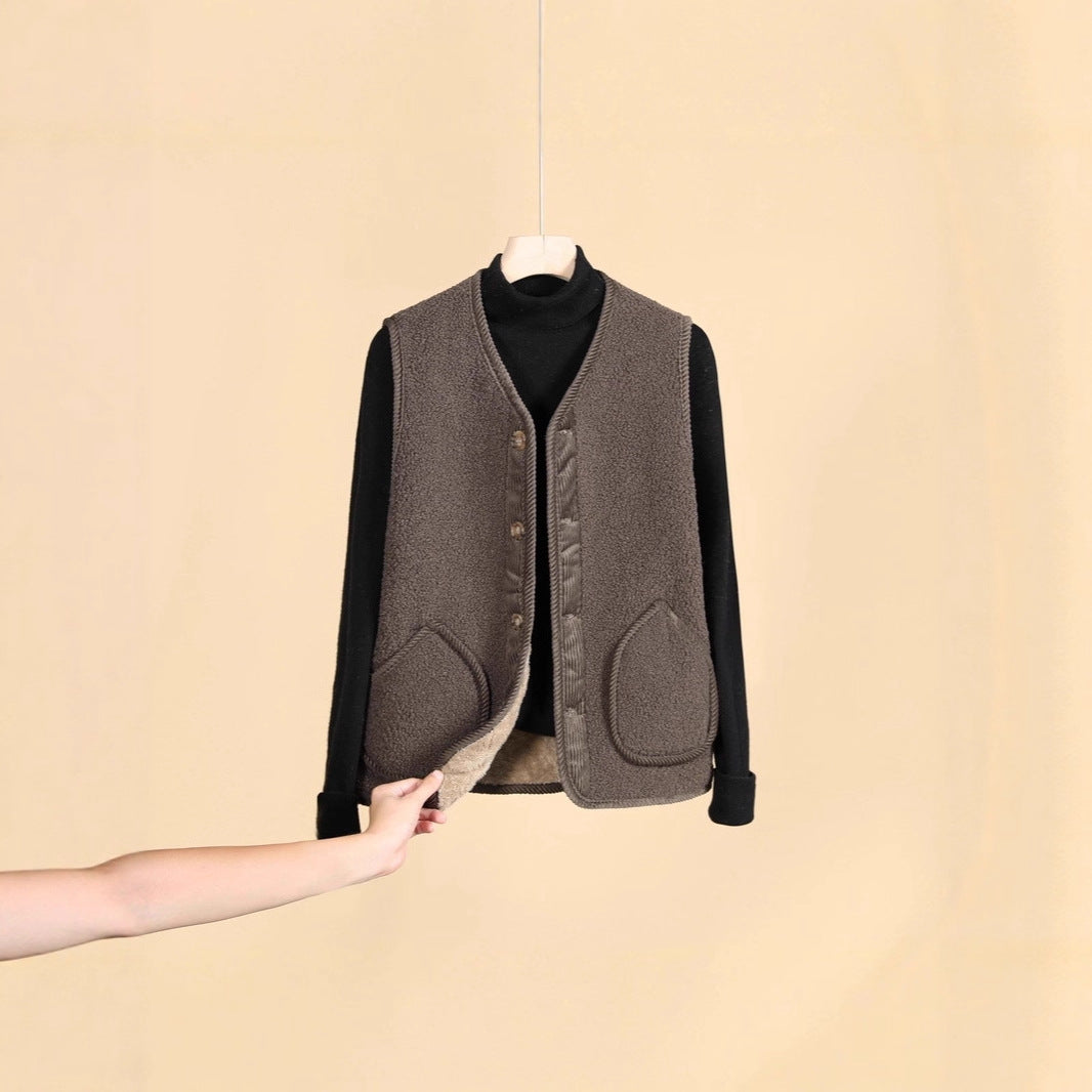 Damen Ärmellose Thermofleece-Weste mit Knopfleiste und Rundtaschen EB