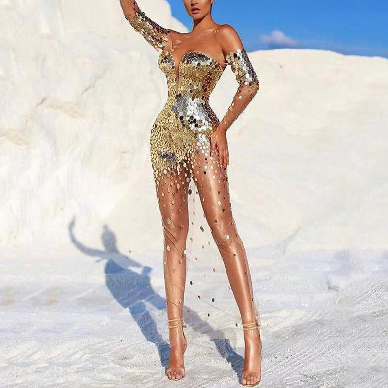 Damen Glitzerndes Abendkleid mit transparenten Ärmeln EB