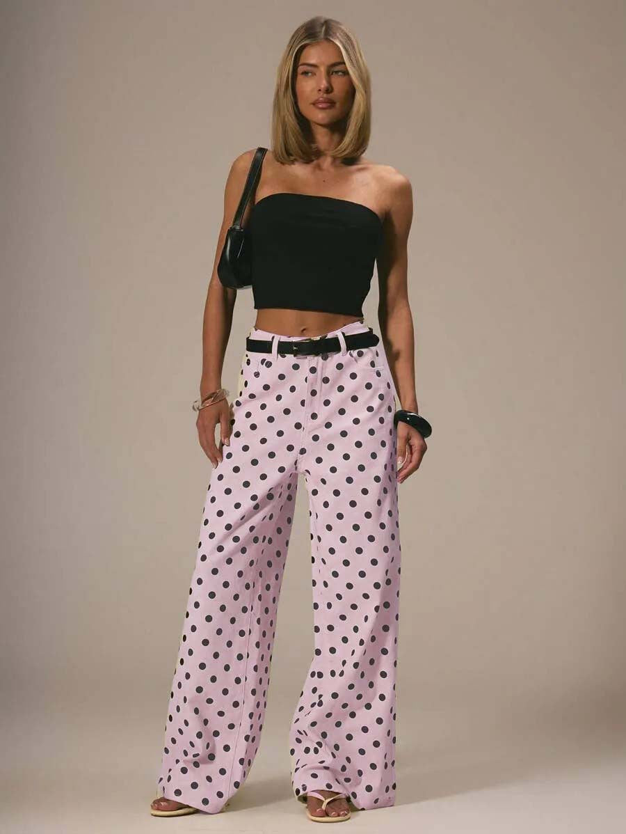 Damen weite Polka-Dot Palazzo-Hosen mit high-waist Schnitt EB