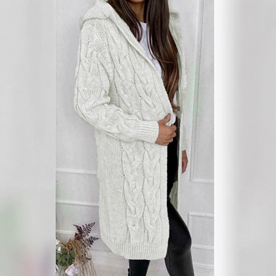 Damen Langer Strickmantel mit strukturiertem Zopfdesign und praktischer Kapuze EB