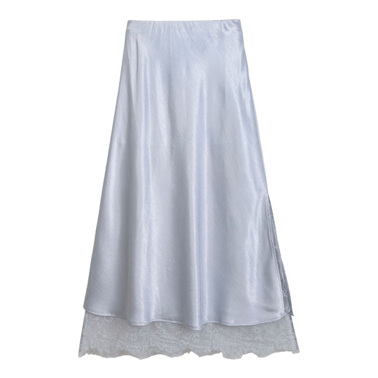 Damen  ausgestellter Satin-Midirock mit feiner Spitzenunterlage und nahtlosem Taillenbund EB