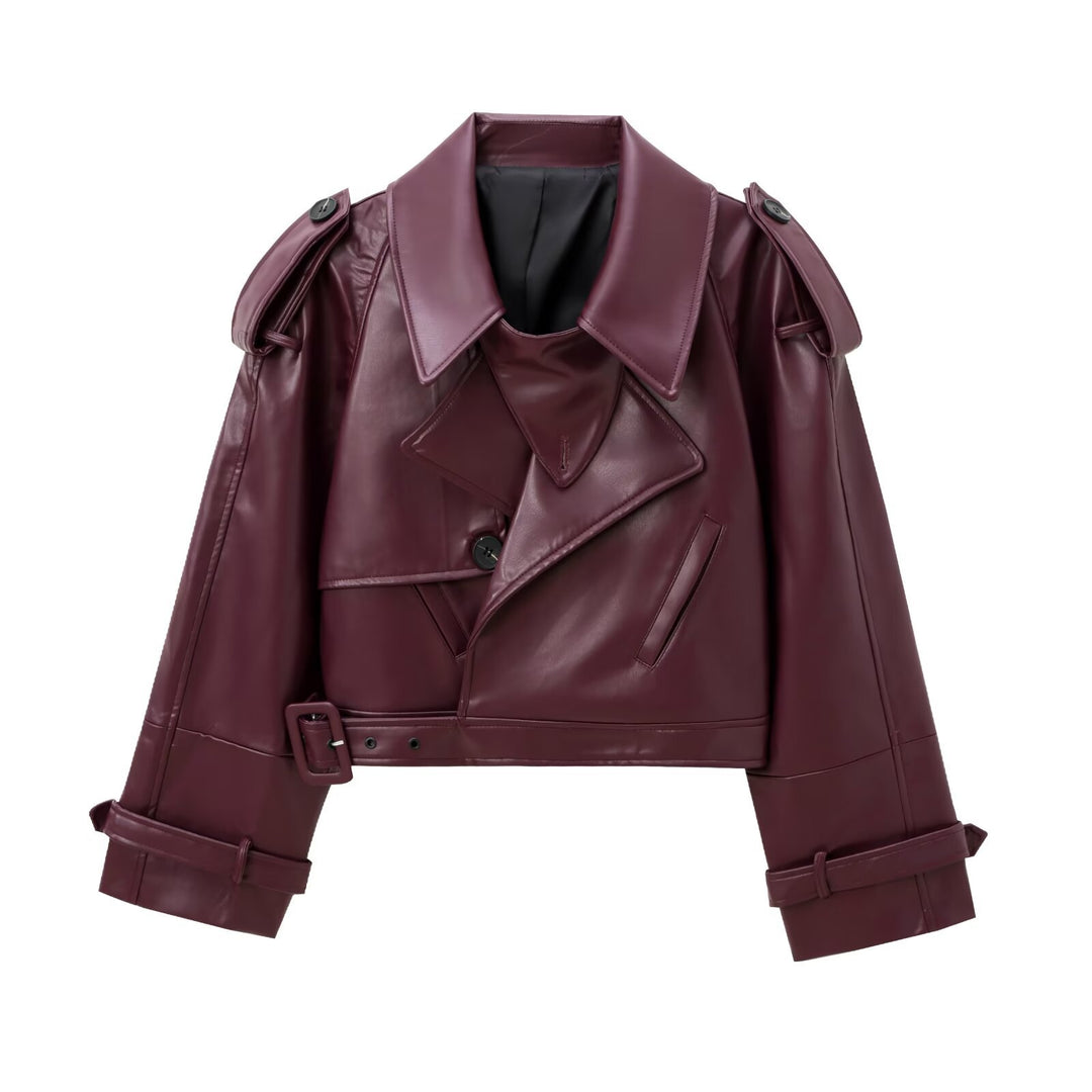 Damen Modische Kunstlederjacke mit tailliertem Schnitt und oversized Kragen EB