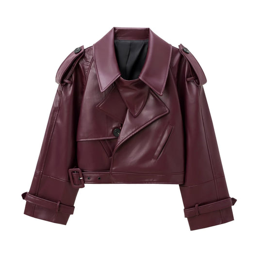 Damen Modische Kunstlederjacke mit tailliertem Schnitt und oversized Kragen EB