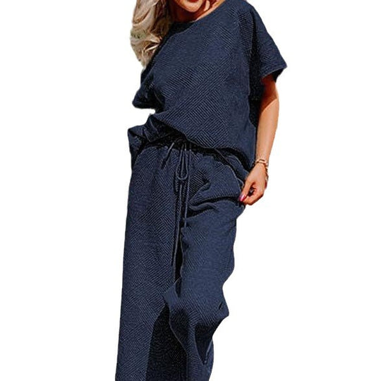 Damen lässiges Jumpsuit-Set aus weichem Material mit elastischem Bund und weit geschnittenen Beinen EB