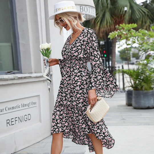 Damen Maxi-Kleid mit voluminösen Ärmeln und floralem Taillenbund EB