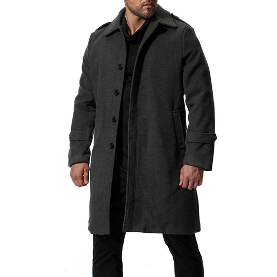 Herren langer Wollmantel mit klassischem Schnitt und praktischen Taschen EB
