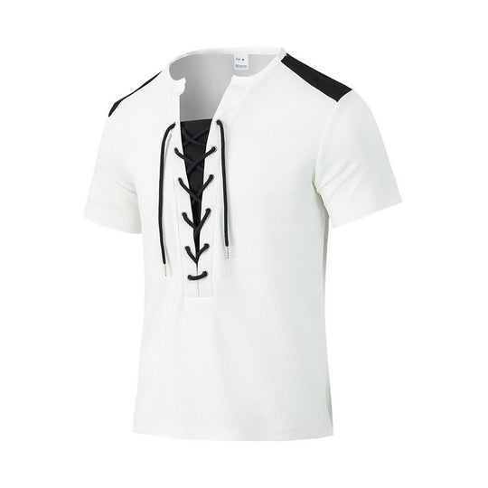 Herren Kurzarm-Henley-T-Shirt mit dekorativen Schnürdetails und atmungsaktiver Struktur EB