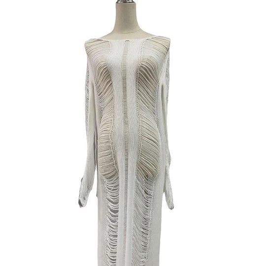 Damen elegantes Strandkleid mit raffinierten Fransen und transparenten Elementen EB