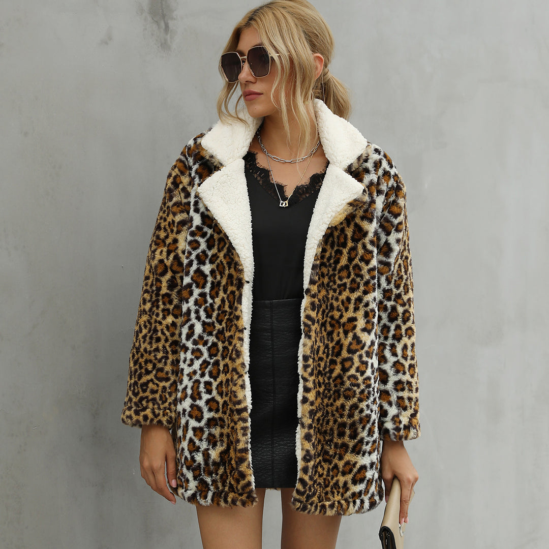 Damen Kunstfelljacke mit modischem Leopardenmuster und weichem Innenfutter EB