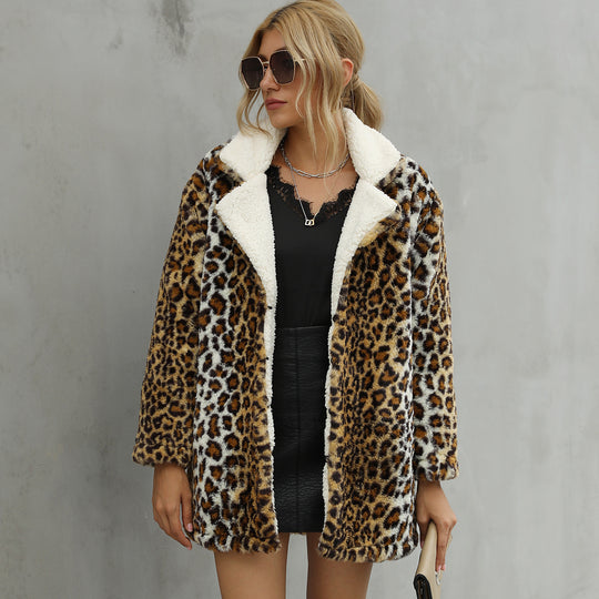 Damen Kunstfelljacke mit modischem Leopardenmuster und weichem Innenfutter EB