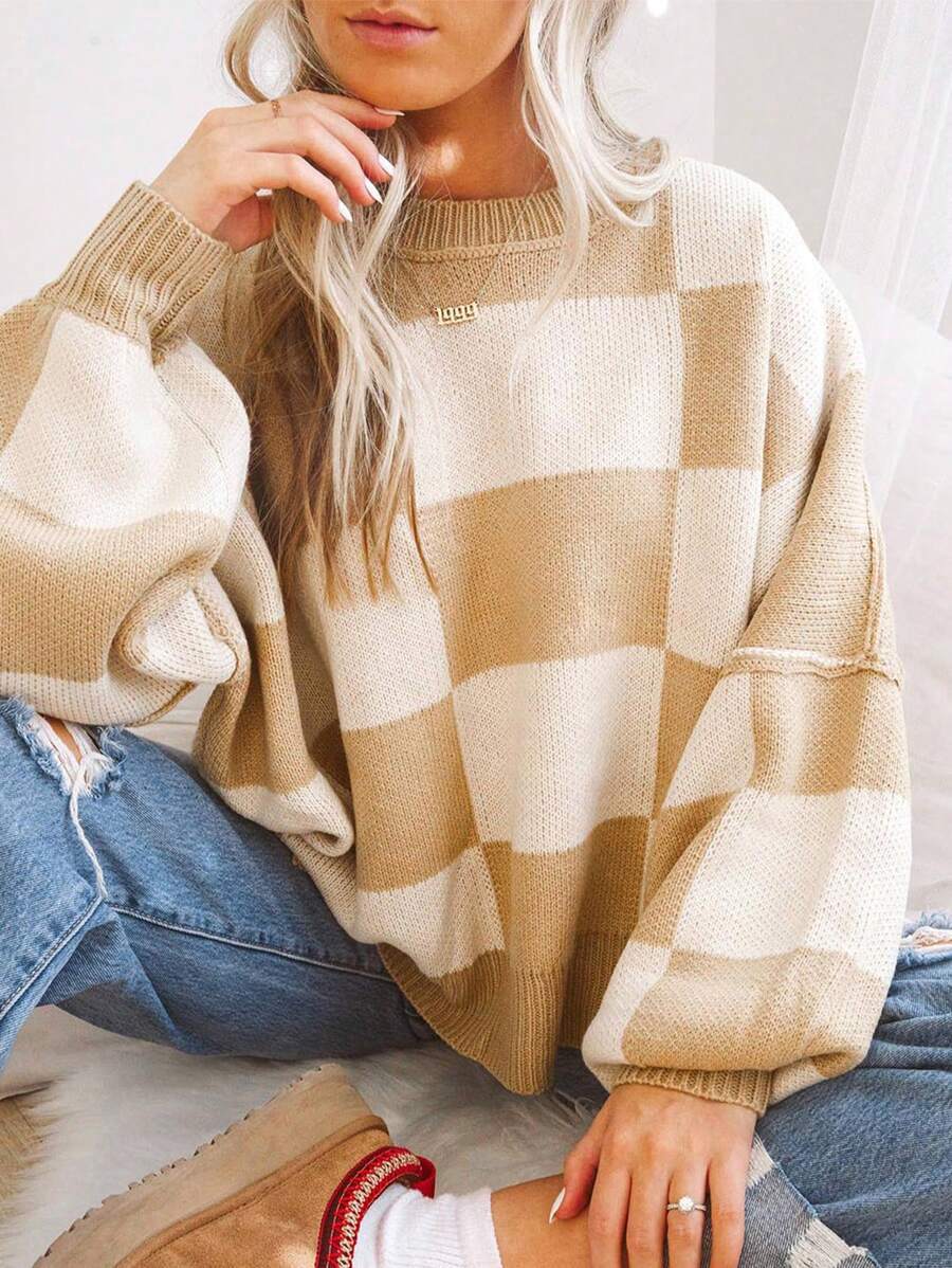 Damen modischer Pullover mit Karomuster und weitem Schnitt EB