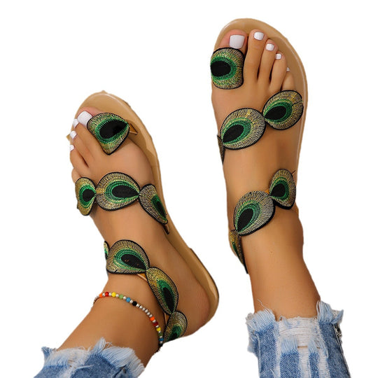 Damen Sandalen mit exzentrischem Design und bunten Federn EB