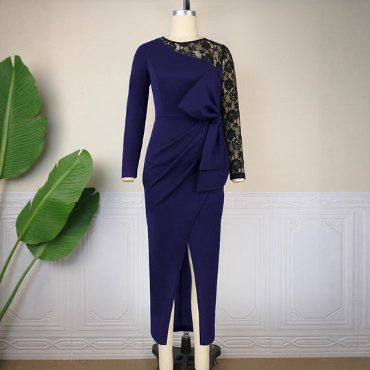 Damen elegantes Etuikleid mit aufwendigem Spitzenärmel und drapiertem Saum EB