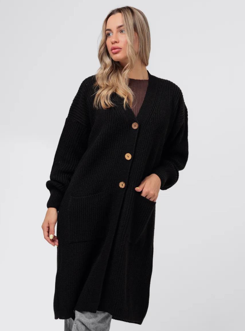 Damen Grobstrick-Cardigan mit schlichten Holzknöpfen und praktischen Taschen EB