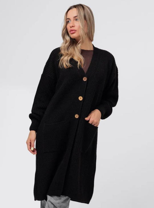 Damen Grobstrick-Cardigan mit schlichten Holzknöpfen und praktischen Taschen EB