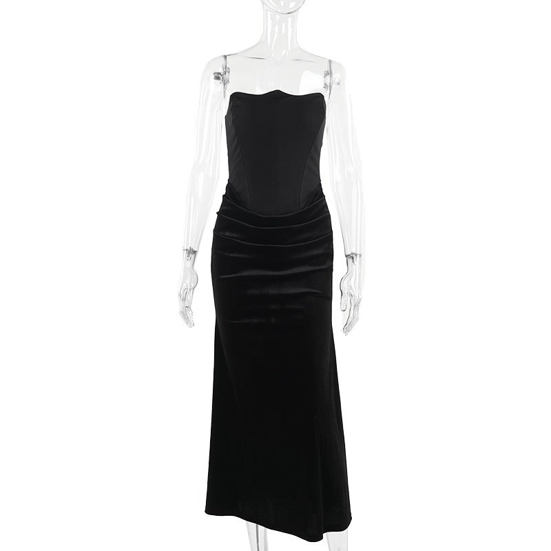 Damen elegantes A-Linien-Maxikleid mit gerafftem Oberteil und trägerlosem Design EB