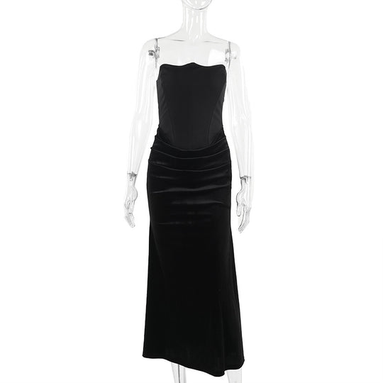 Damen elegantes A-Linien-Maxikleid mit gerafftem Oberteil und trägerlosem Design EB