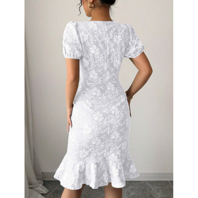 Damen elegantes Midikleid mit voluminösen Ballonärmeln und floralen Akzenten EB