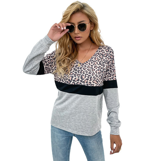 Damen V-Ausschnitt Sweatshirt mit Leopardenmuster und Kontrastband EB