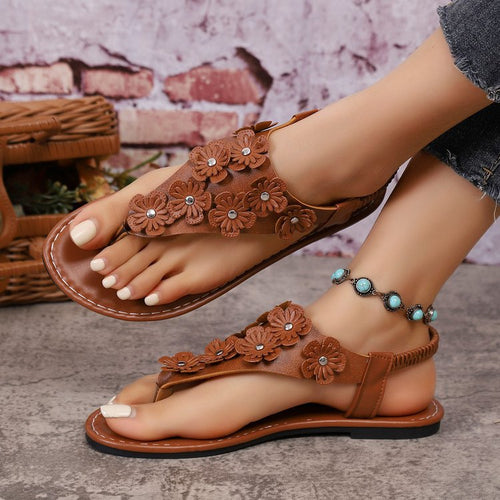 Damen Zehentrenner-Sandalen mit eleganten Blumenapplikationen und komfortablem Fußbett EB