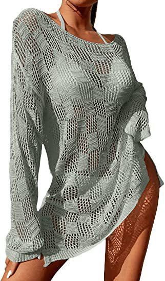 Damen gehäkeltes Crop-Top mit weitem Ärmel und lockerer Passform EB