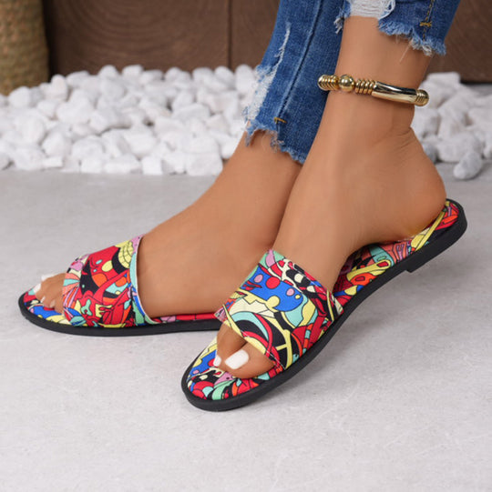 Damen Badesandalen mit buntem Musterdruck und verstellbarem Riemendesign EB