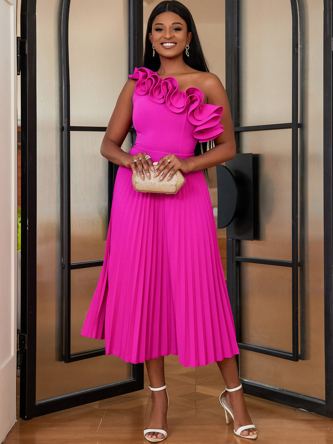 Damen Midi-Kleid mit schulterfreiem Design und voluminösen Rüschen EB