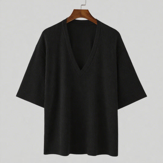 Damen V-Ausschnitt Oversize-Shirt aus strukturiertem Baumwollmaterial EB