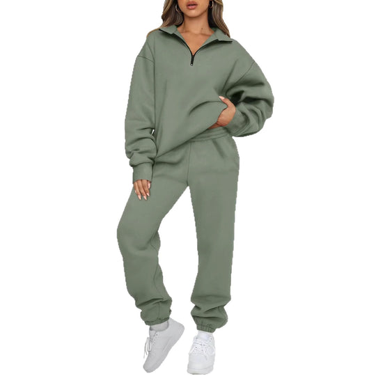 Damen nan Halbzip-Loungewear-Set mit übergroßem Kragenpullover und taillierter Jogginghose mit elastischem Bund EB