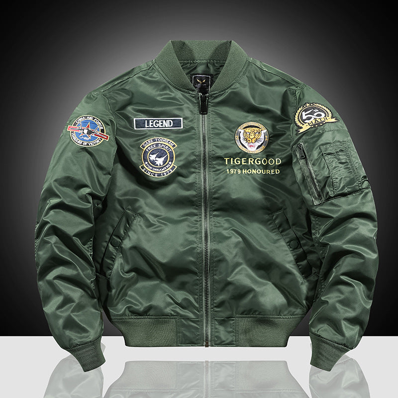 Herren Bestickte Nylon-Bomberjacke im Pilotenstil mit Tiger-Motorrad-Design EB