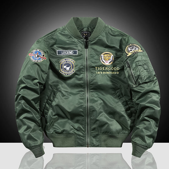 Herren Bestickte Nylon-Bomberjacke im Pilotenstil mit Tiger-Motorrad-Design EB