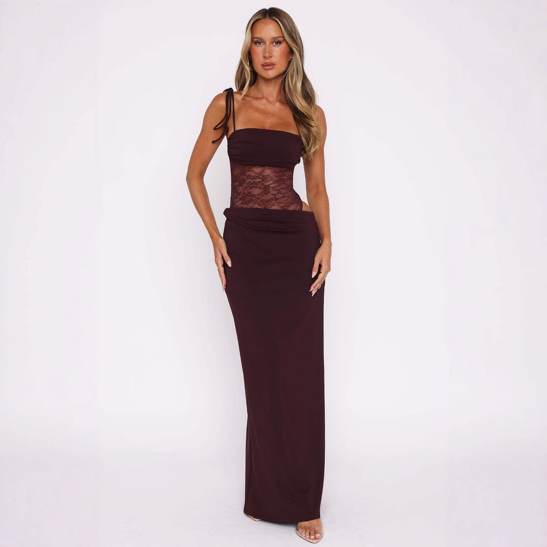 Damen elegantes Wickelmaxikleid mit transparenten Einsätzen und feinen Details EB