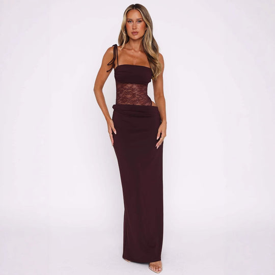 Damen elegantes Wickelmaxikleid mit transparenten Einsätzen und feinen Details EB