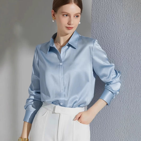 Damen Luxus Satin-Bluse mit elegantem Kragen und weichen Ärmeln EB