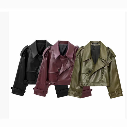 Damen Kunstleder Bikerjacke im modischem Cropped-Design mit taillierbarem Gürtel und dekorativen Knöpfen EB