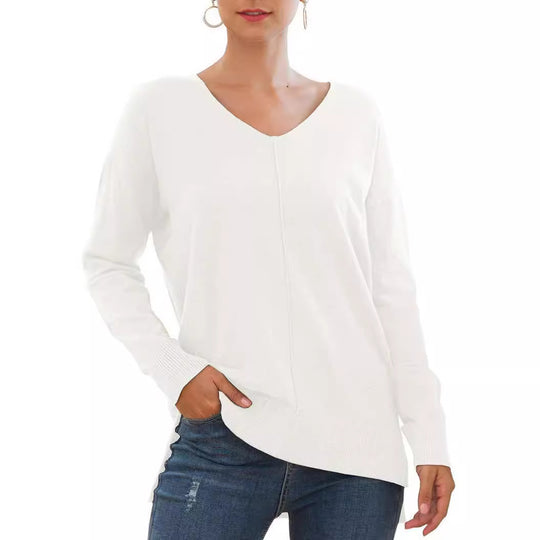 Damen eleganter V-Ausschnitt Pullover mit asymmetrischem Saum EB