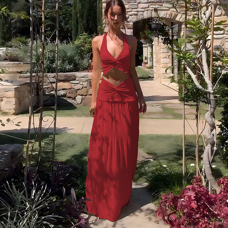Damen Zweiteiliges Sommerkleid mit raffiniertem Oberteil und fließendem Rock EB