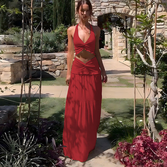 Damen Elegantes Two-Piece Maxi-Outfit mit raffiniertem Wickeldesign EB