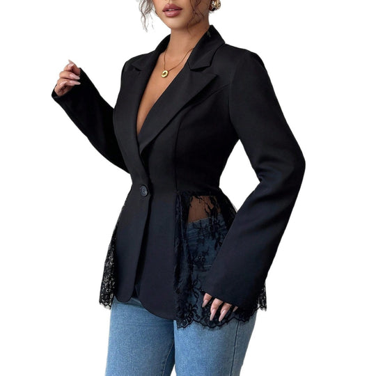 Damen nan taillierter Blazer mit Spitzenbesatz und tiefem V-Ausschnitt EB