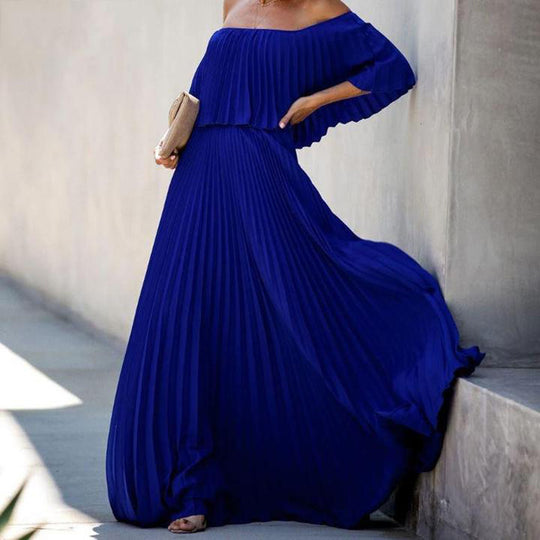 Damen Maxikleid mit asymmetrischem Plisseefall und schulterfreiem Design EB