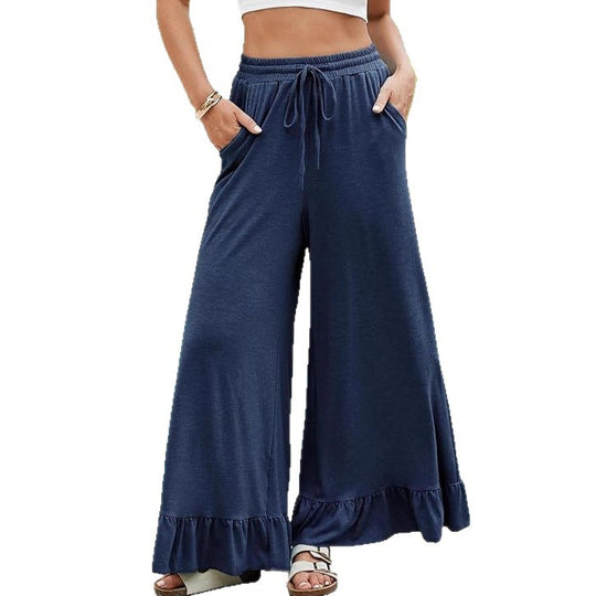 Damen weite Leinenhose mit Rüschensaum EB